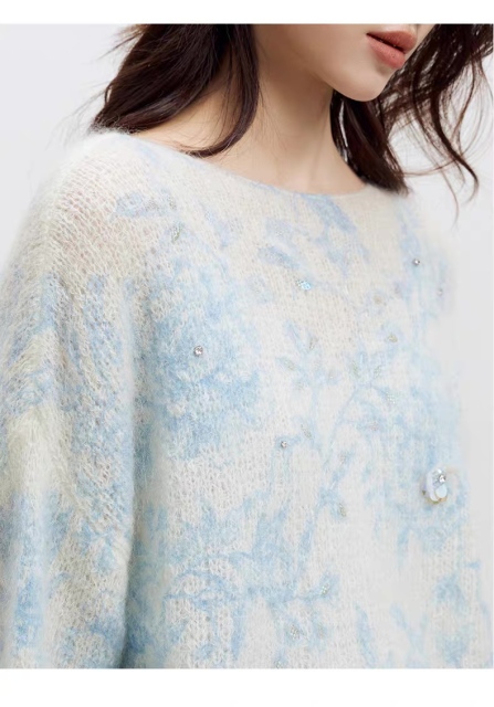 Factory Direct Women’s Pastel Embroidered Fuzzy Knit Sweater – Soft Loose Fit Artistic Lightweight Pullover