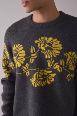 Personalized Men’s Charcoal Gray Floral Knit Sweater with Mustard Yellow Pattern