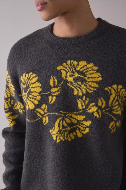 Personalized Men’s Charcoal Gray Floral Knit Sweater with Mustard Yellow Pattern