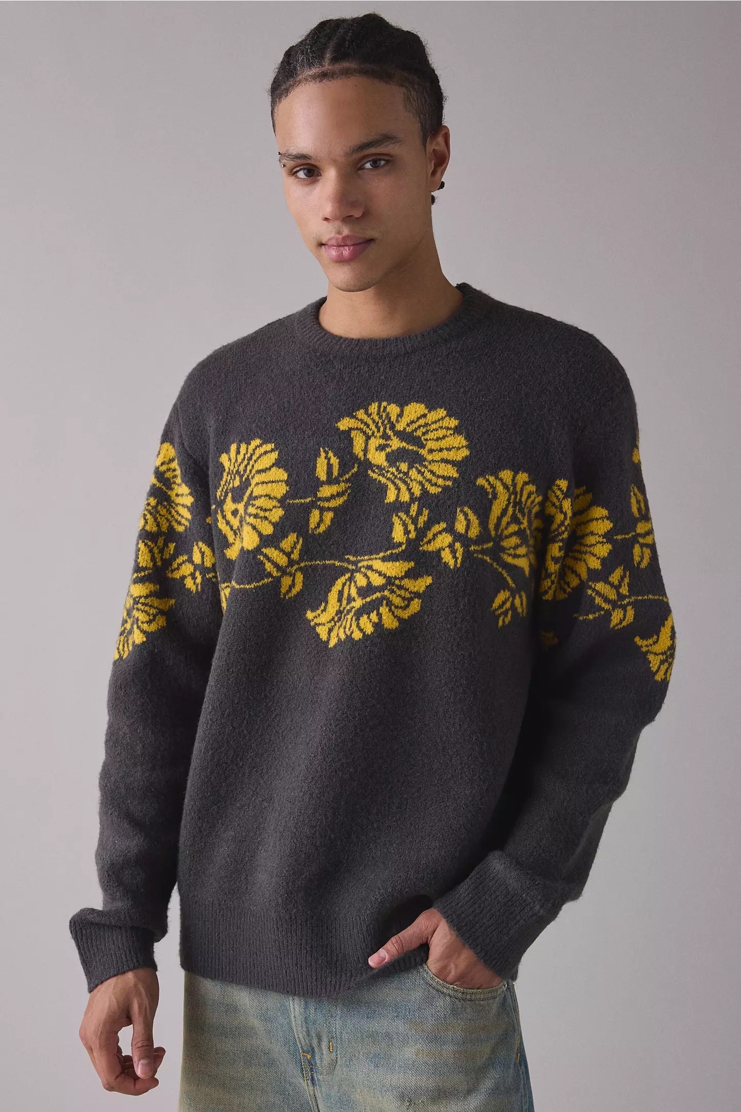 Personalized Men’s Charcoal Gray Floral Knit Sweater with Mustard Yellow Pattern