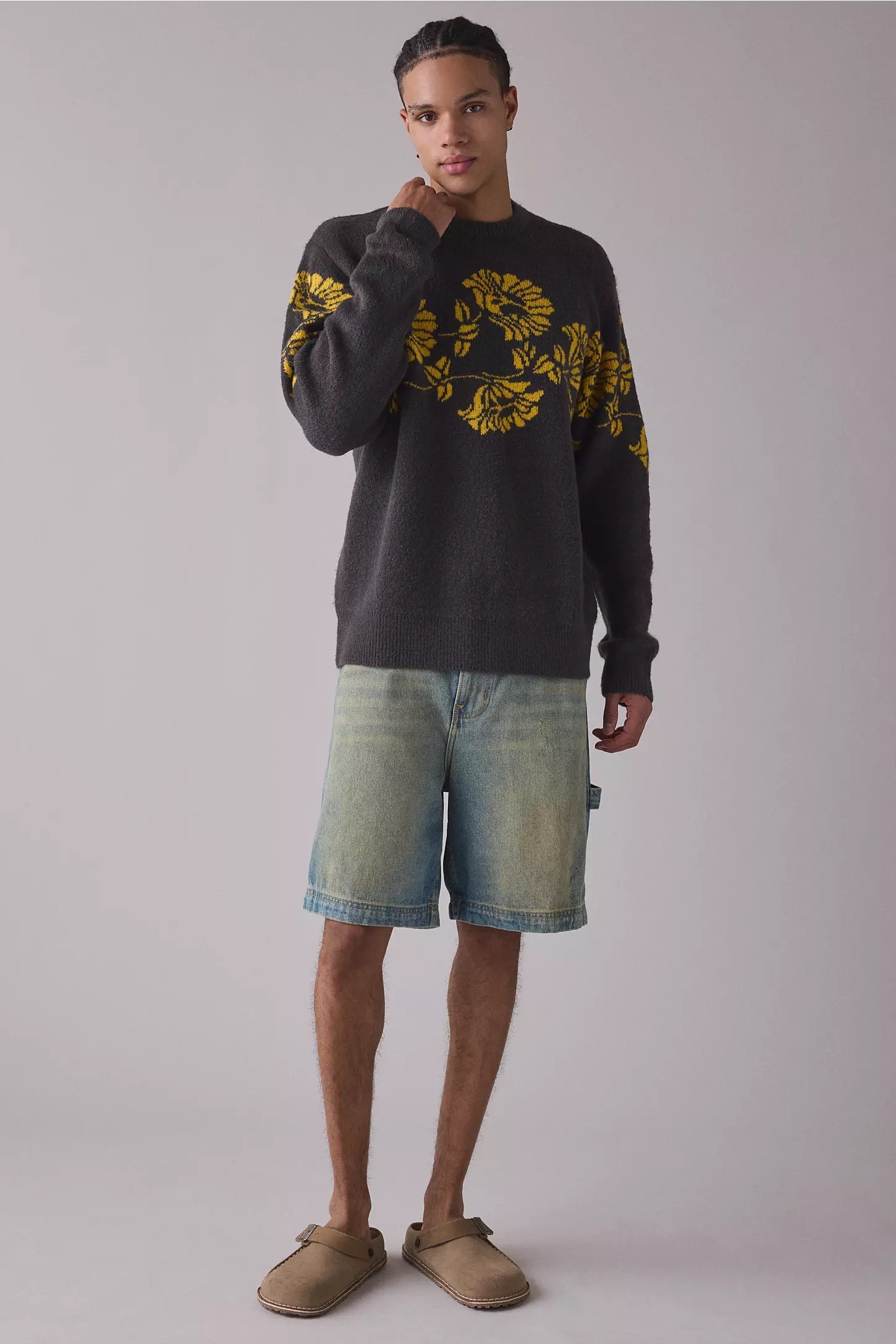 Personalized Men’s Charcoal Gray Floral Knit Sweater with Mustard Yellow Pattern