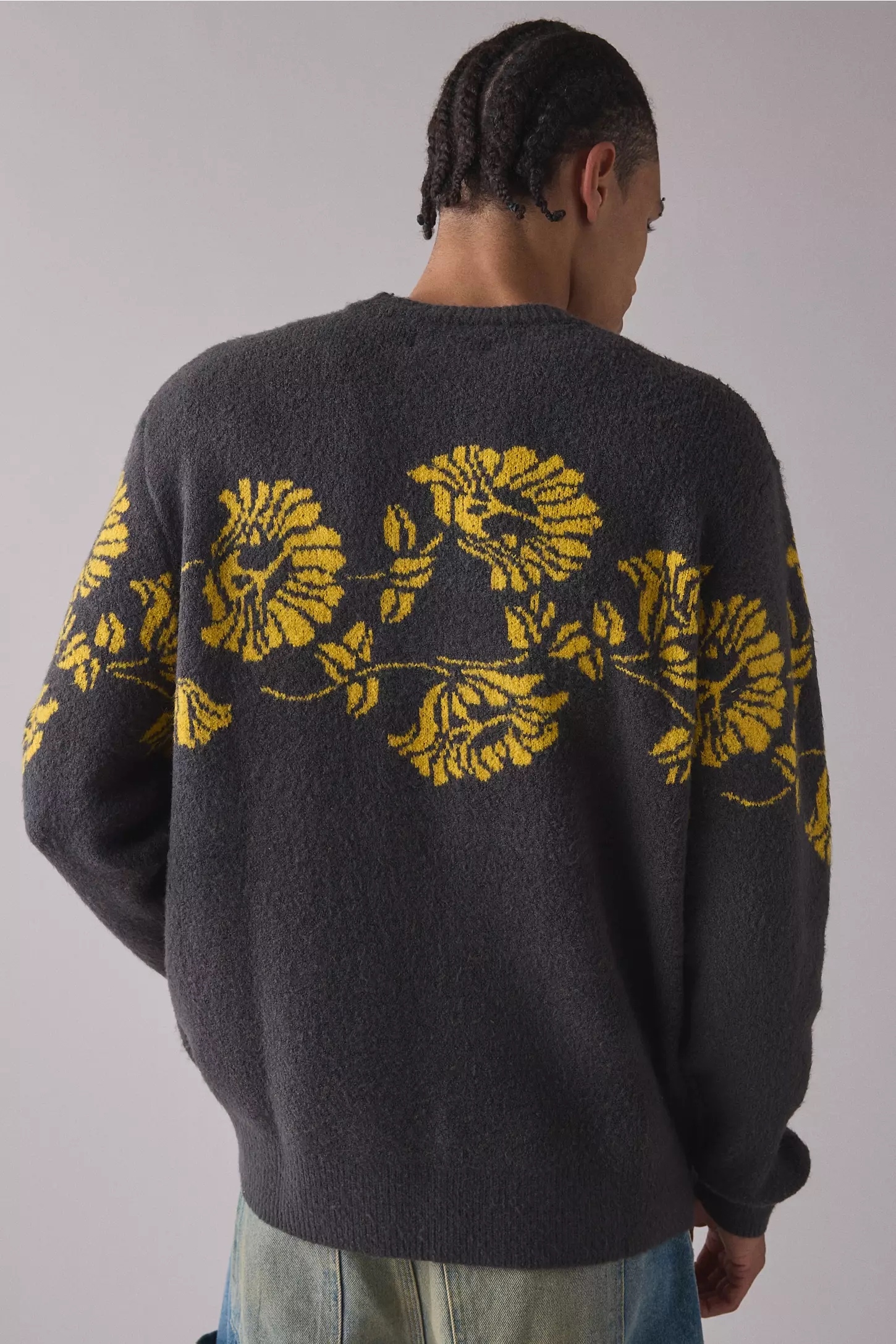Personalized Men’s Charcoal Gray Floral Knit Sweater with Mustard Yellow Pattern