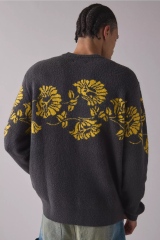 Personalized Men’s Charcoal Gray Floral Knit Sweater with Mustard Yellow Pattern