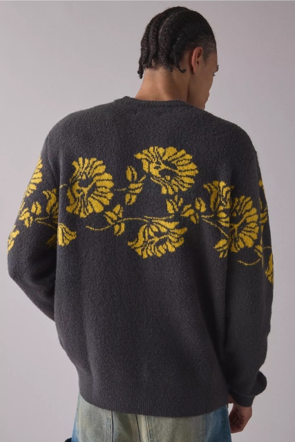Personalized Men’s Charcoal Gray Floral Knit Sweater with Mustard Yellow Pattern