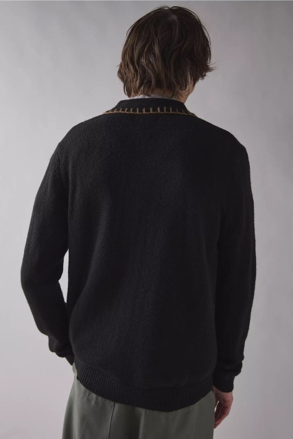 Wholesale Men’s Black Embroidered Knit Cardigan with Button Front