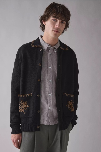 Wholesale Men’s Black Embroidered Knit Cardigan with Button Front