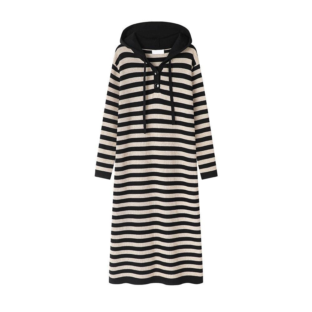 ODM OEM Women’s Black & White Striped Hooded Knit Dress