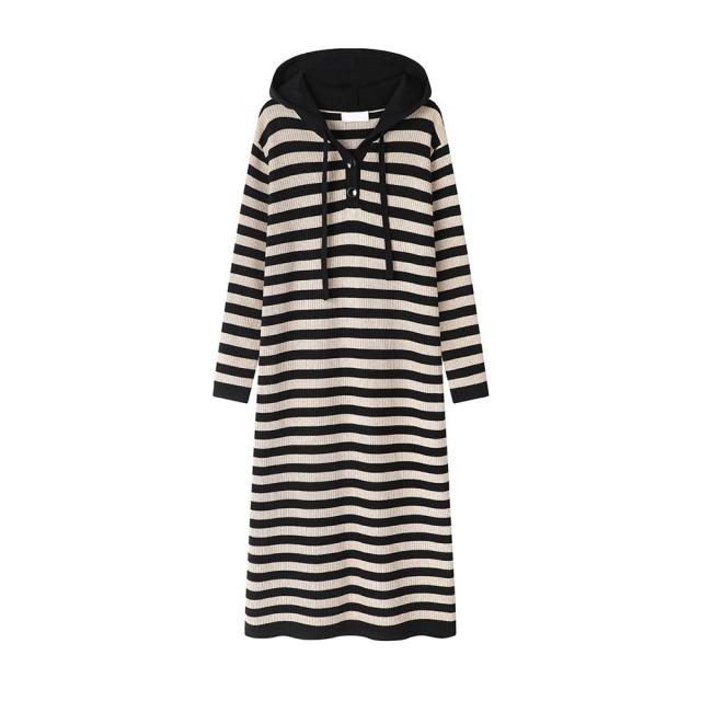 ODM OEM Women’s Black & White Striped Hooded Knit Dress
