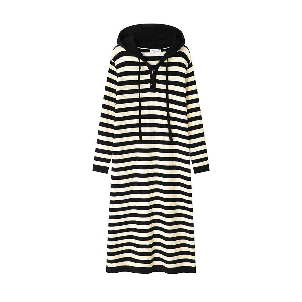ODM OEM Women’s Black & White Striped Hooded Knit Dress