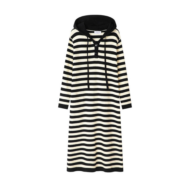 ODM OEM Women’s Black & White Striped Hooded Knit Dress
