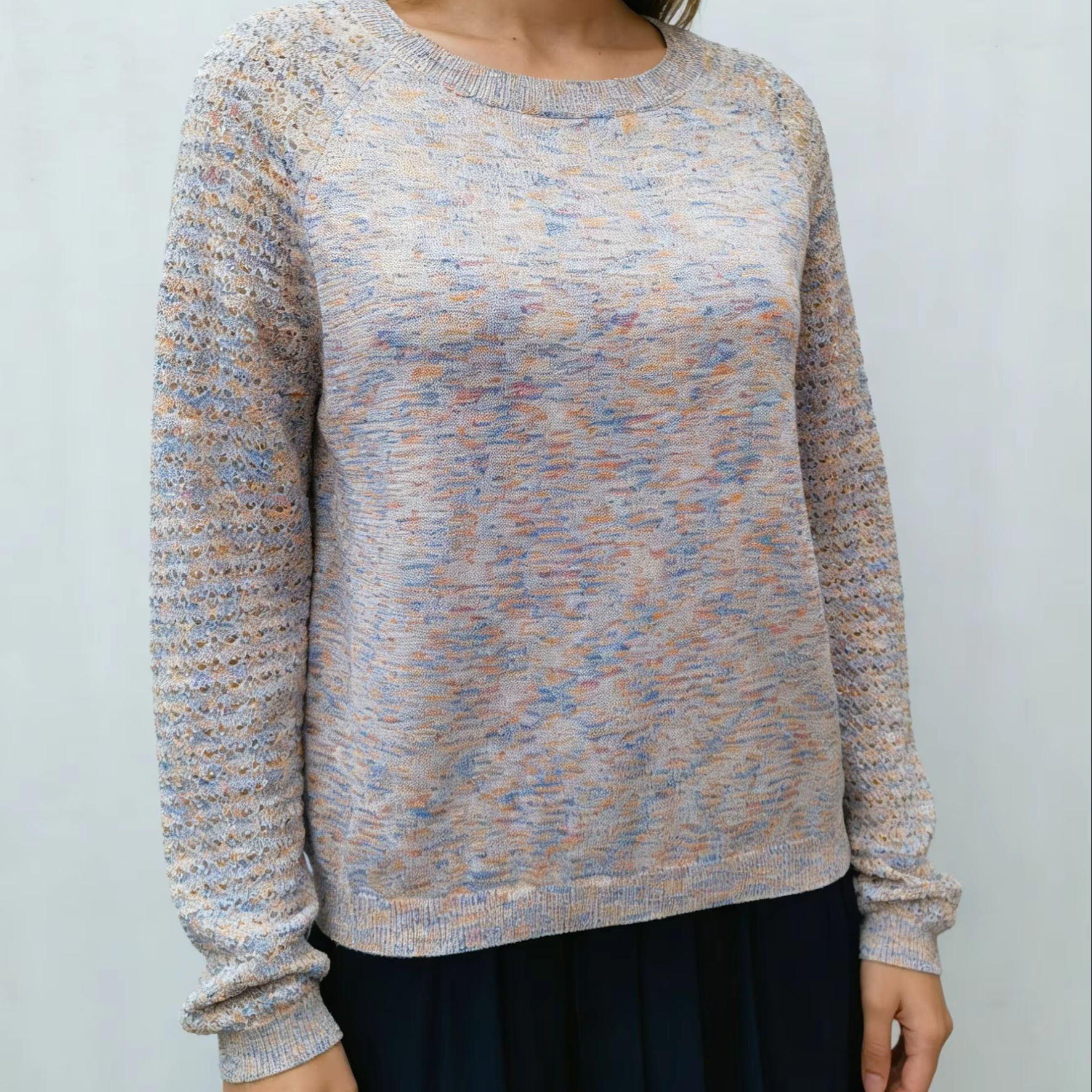 Made-to-order Women’s Multicolor Knit Crew Neck Sweater with Textured Sleeves