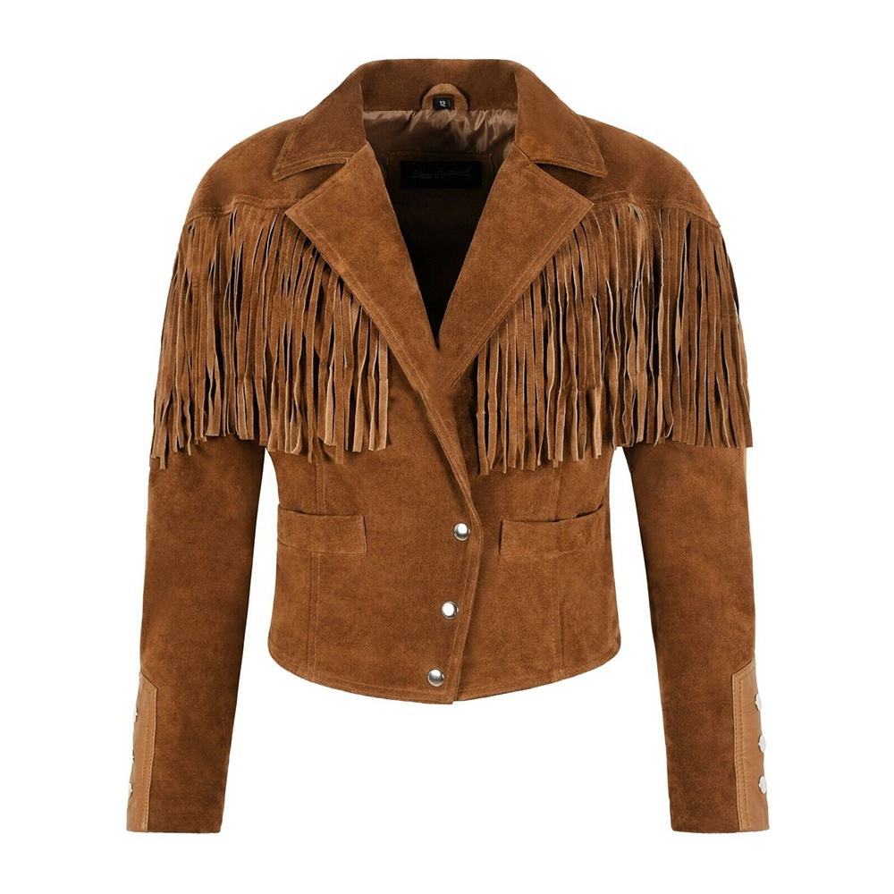 Factory Direct Women’s s Cropped Suede Fringe Western Jacket | Vintage Cowgirl Tassel Coat