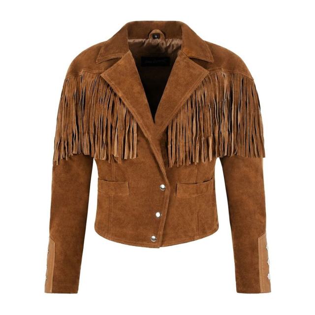Factory Direct Women’s s Cropped Suede Fringe Western Jacket | Vintage Cowgirl Tassel Coat