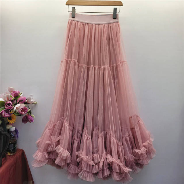 Factory Direct Women’s Cream Tulle Tiered Maxi Skirt | Romantic Ruffle A-Line Mesh Skirt