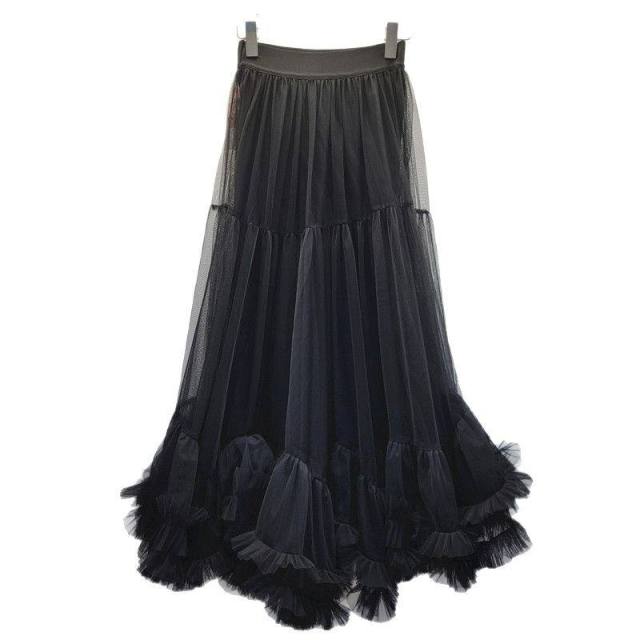 Factory Direct Women’s Cream Tulle Tiered Maxi Skirt | Romantic Ruffle A-Line Mesh Skirt