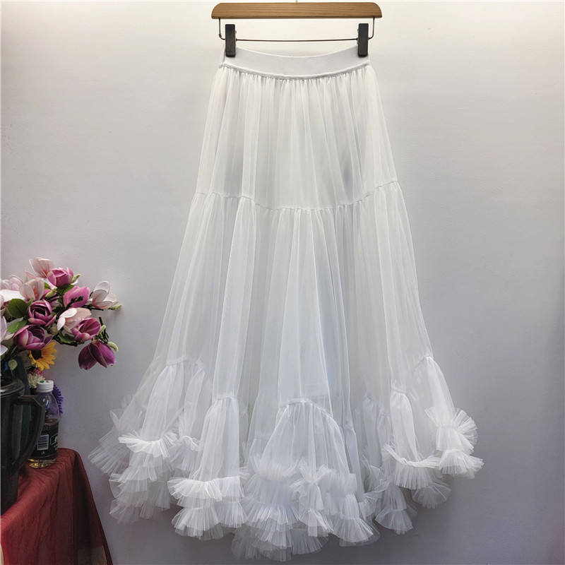 Factory Direct Women’s Cream Tulle Tiered Maxi Skirt | Romantic Ruffle A-Line Mesh Skirt