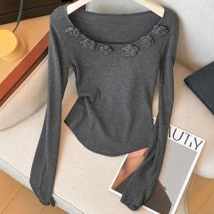 Factory Direct Women’s Rose Appliqué Square Neck Long Sleeve Top | Slim Fit Floral Knit Shirt