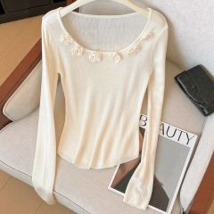 Factory Direct Women’s Rose Appliqué Square Neck Long Sleeve Top | Slim Fit Floral Knit Shirt