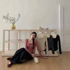 Factory Direct Women’s Rose Appliqué Square Neck Long Sleeve Top | Slim Fit Floral Knit Shirt