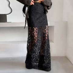 Factory Direct  Women’s Black Sheer Lace Maxi Skirt | Elegant High Waist Floral Lace Skirt