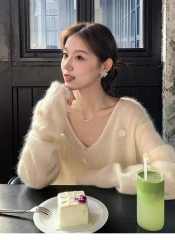 Made-to-order Pearl-Embellished Soft Mohair V-Neck Pullover