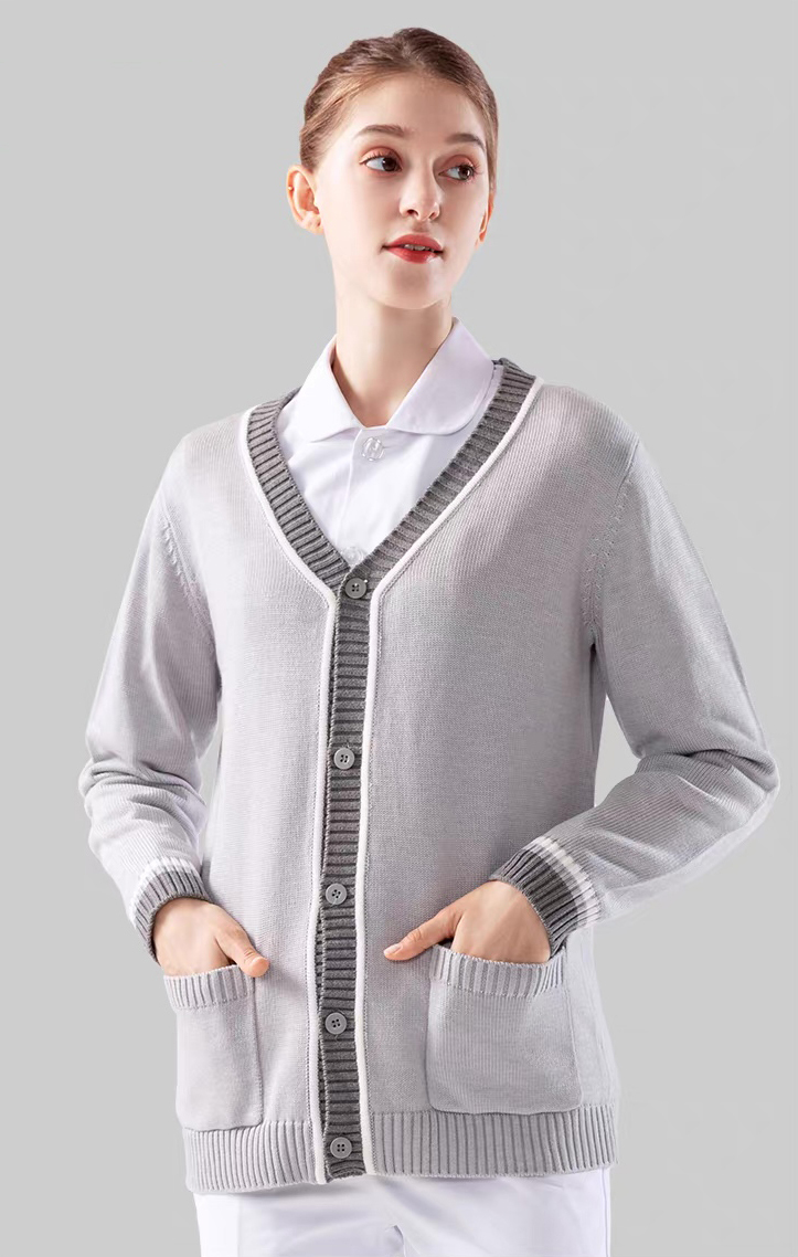 ODM OEM Women’s Contrast Trim V-Neck Knit Cardigan