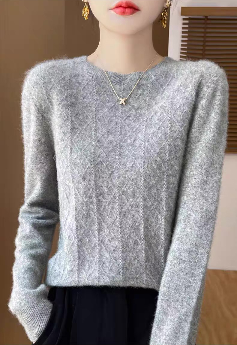 customized Women’s Fluffy Argyle Knit Crew Neck Sweater