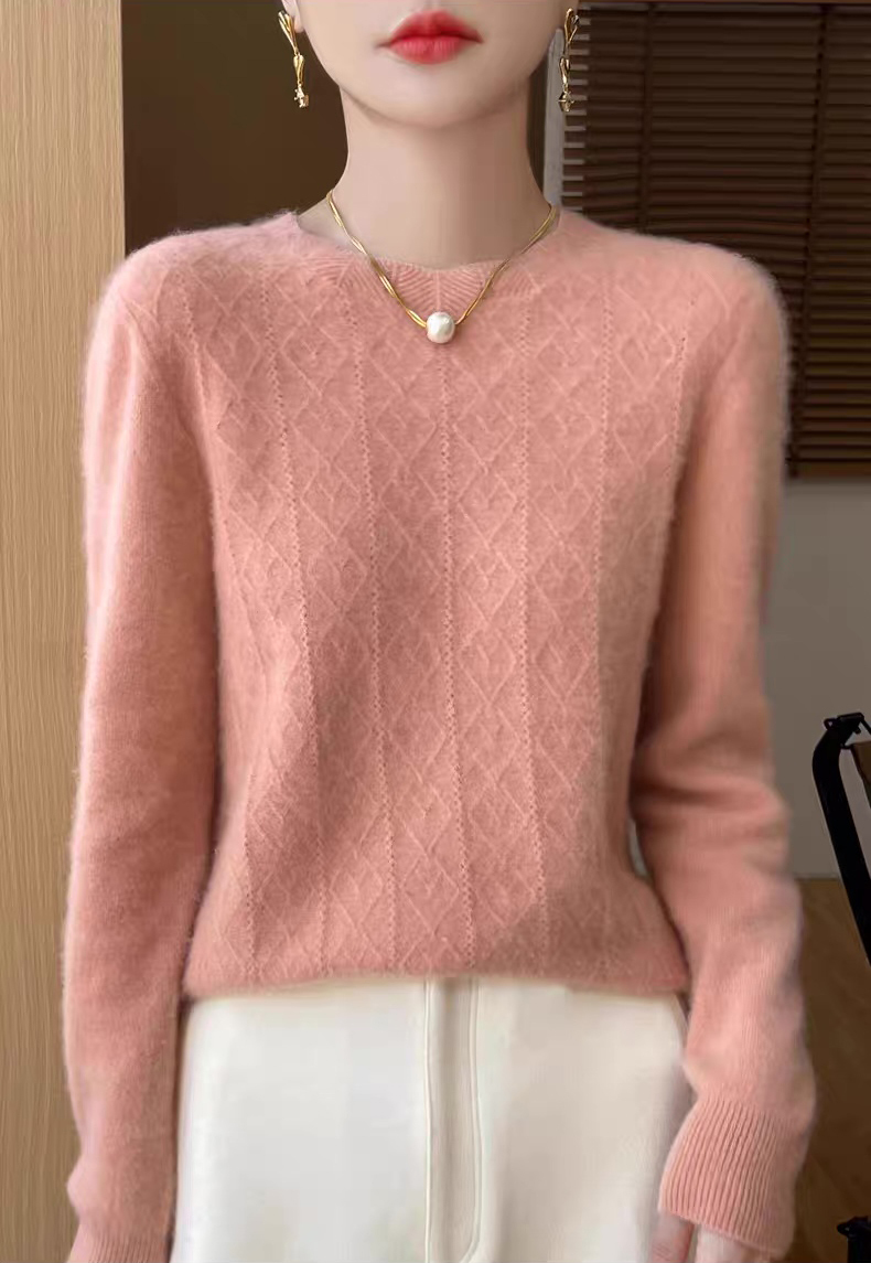 customized Women’s Fluffy Argyle Knit Crew Neck Sweater