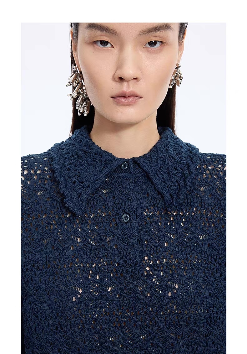 Personalized Women’s Navy Openwork Lace Knit Polo Sweater