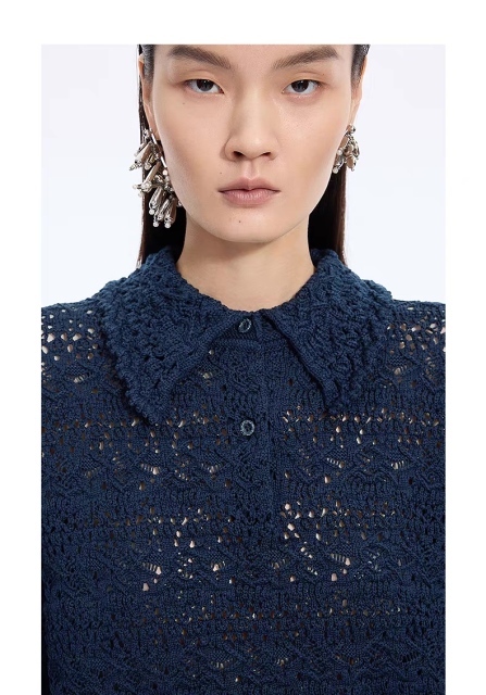 Personalized Women’s Navy Openwork Lace Knit Polo Sweater