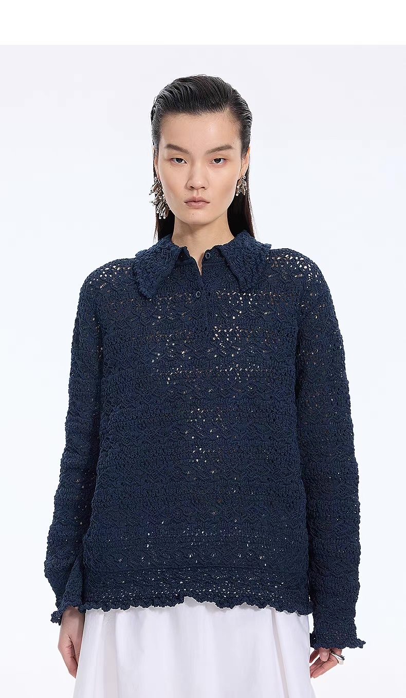 Personalized Women’s Navy Openwork Lace Knit Polo Sweater