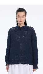 Personalized Women’s Navy Openwork Lace Knit Polo Sweater