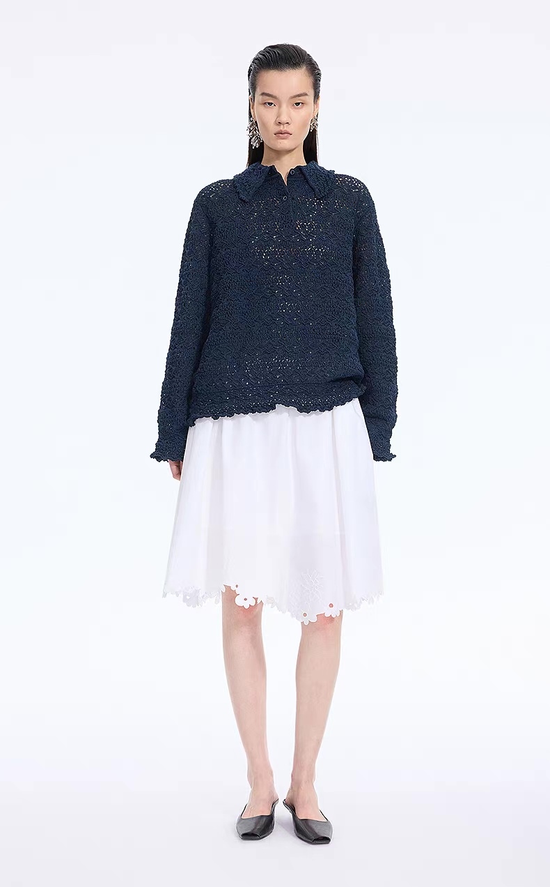 Personalized Women’s Navy Openwork Lace Knit Polo Sweater