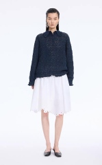 Personalized Women’s Navy Openwork Lace Knit Polo Sweater