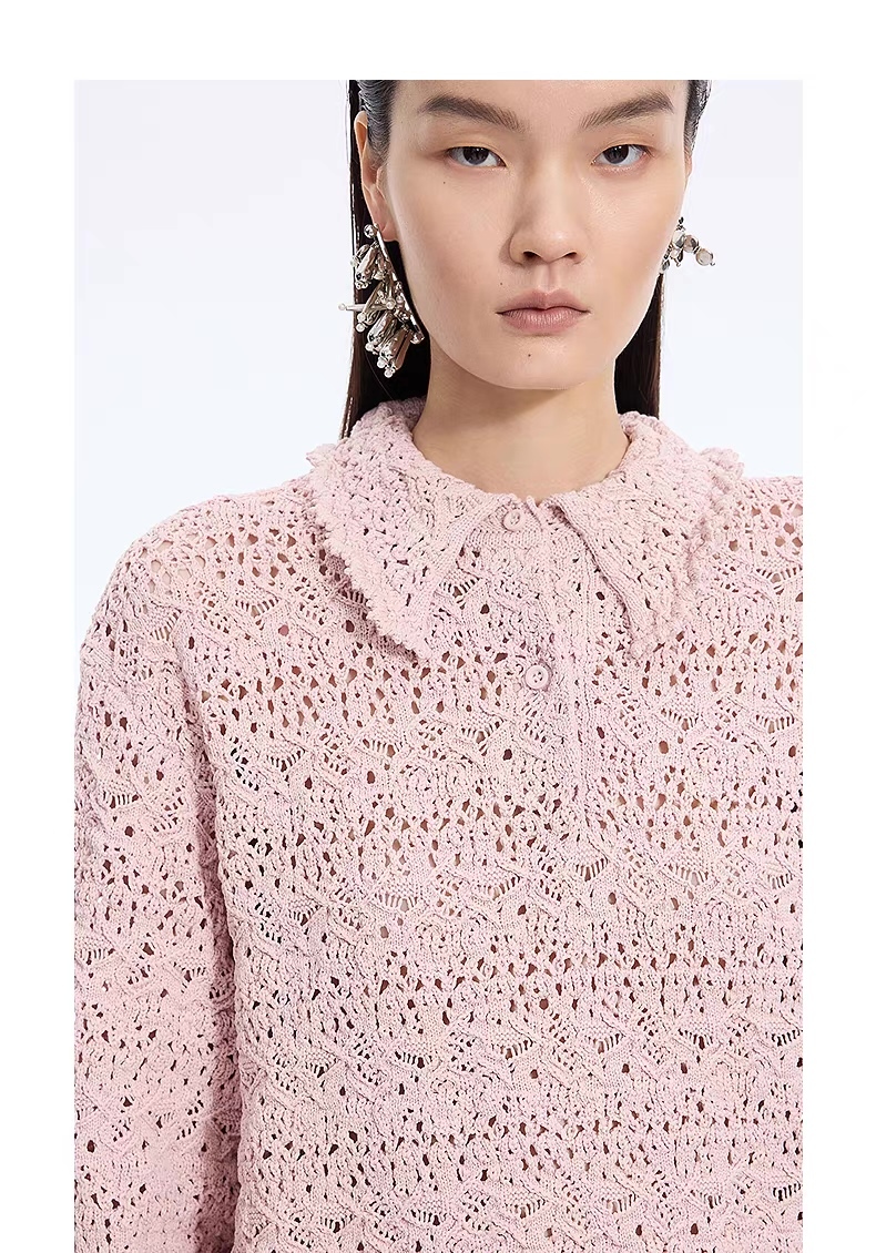 Personalized Women’s Navy Openwork Lace Knit Polo Sweater