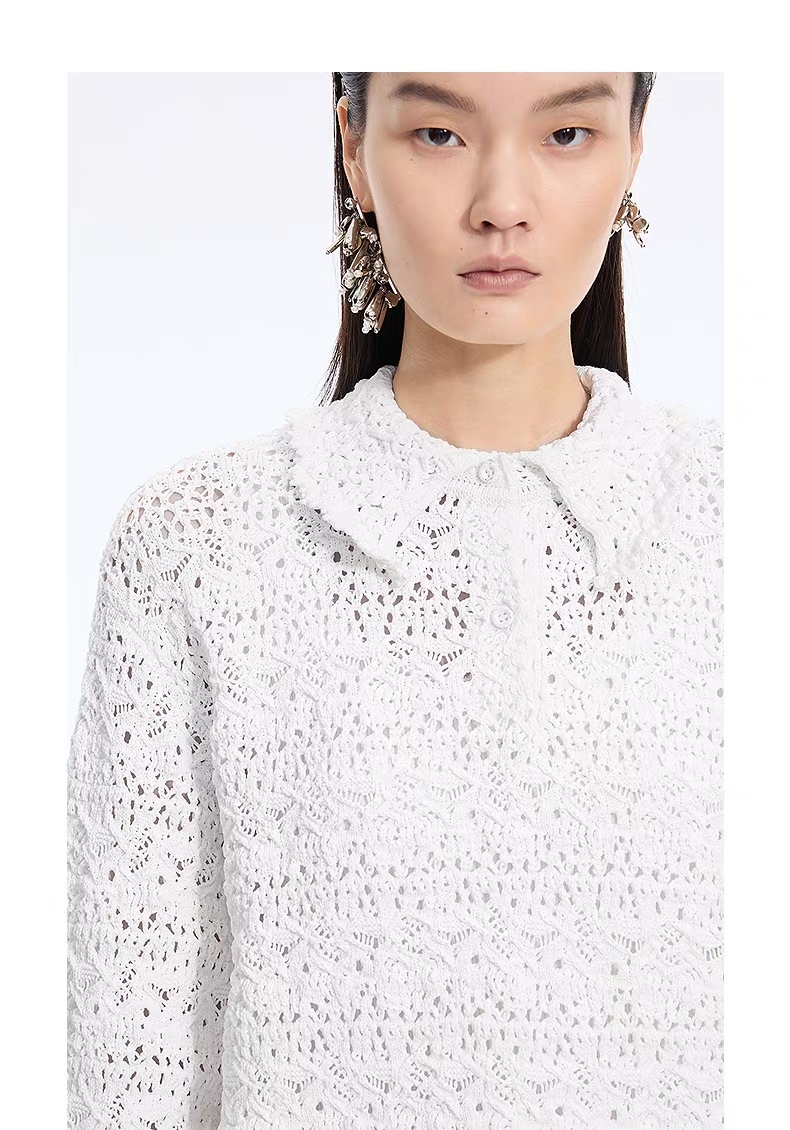 Personalized Women’s Navy Openwork Lace Knit Polo Sweater