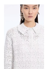 Personalized Women’s Navy Openwork Lace Knit Polo Sweater
