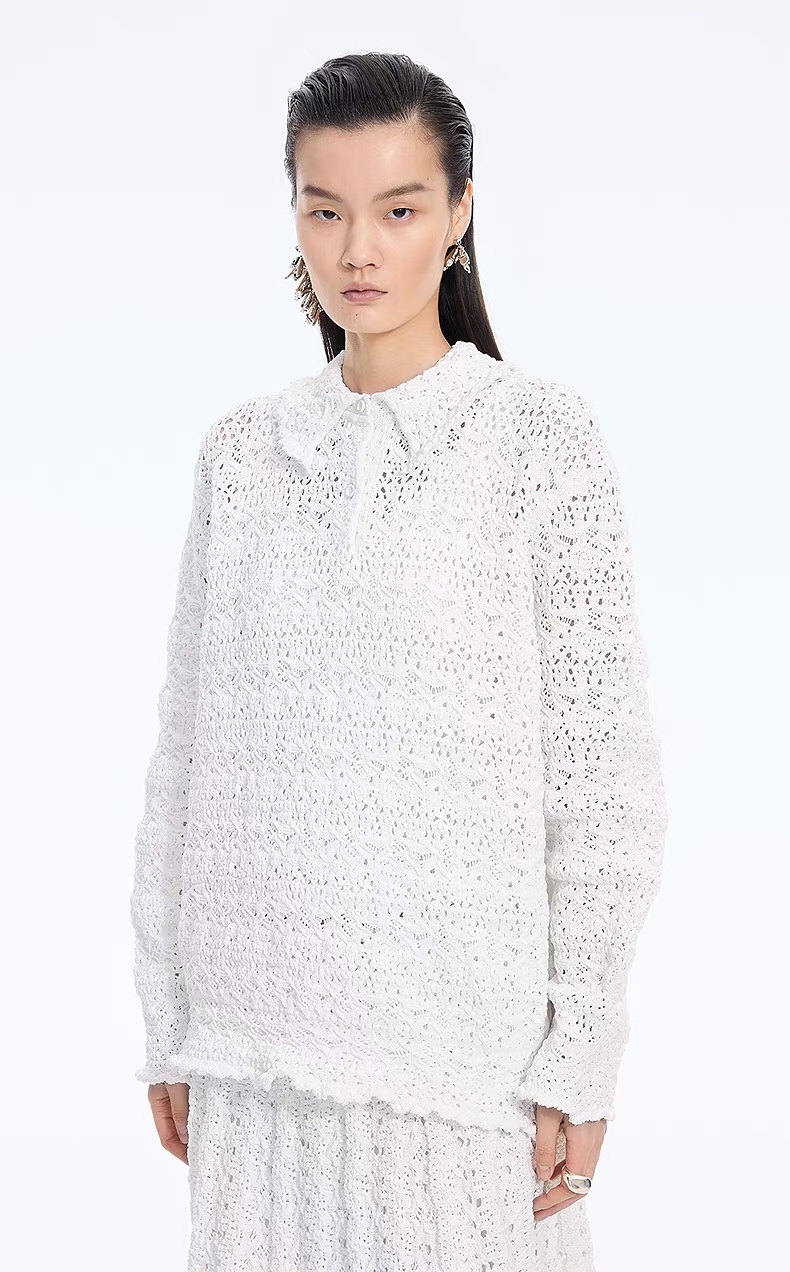Personalized Women’s Navy Openwork Lace Knit Polo Sweater