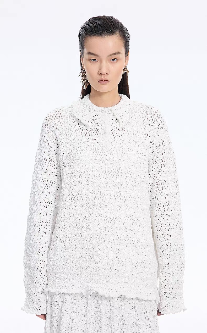 Personalized Women’s Navy Openwork Lace Knit Polo Sweater