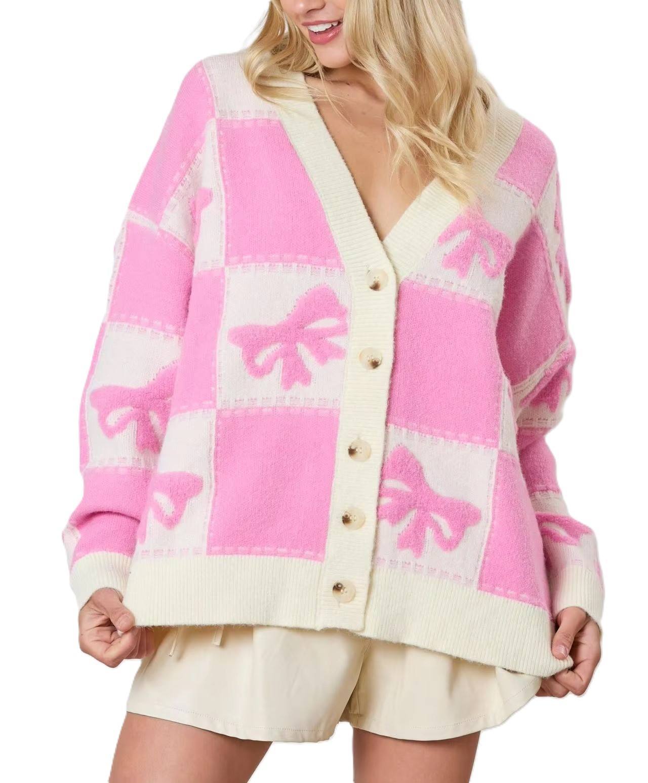 Factory Direct Women’s Oversized Pink & Ivory Checkered Bow Cardigan Sweater