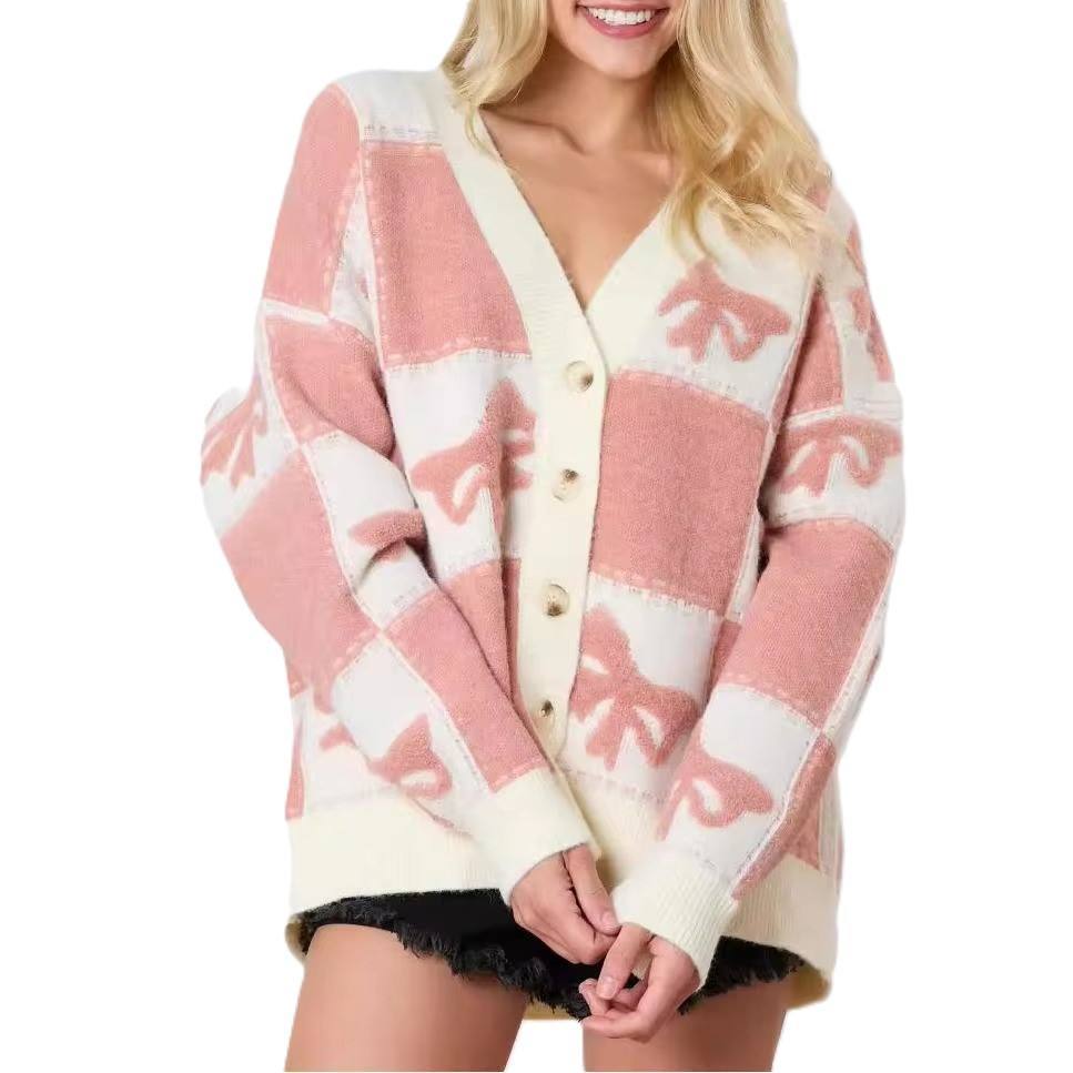 Factory Direct Women’s Oversized Pink & Ivory Checkered Bow Cardigan Sweater