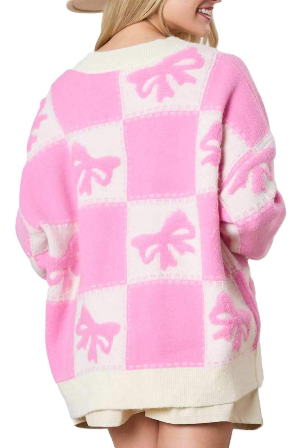 Factory Direct Women’s Oversized Pink & Ivory Checkered Bow Cardigan Sweater