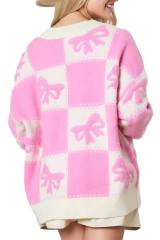 Factory Direct Women’s Oversized Pink & Ivory Checkered Bow Cardigan Sweater