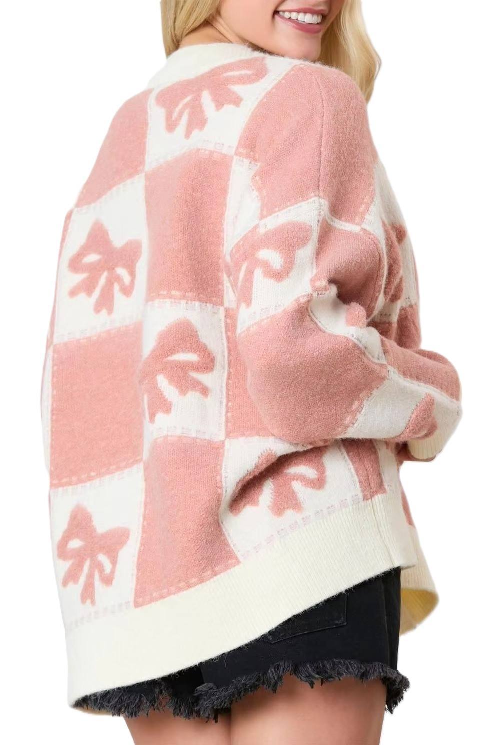 Factory Direct Women’s Oversized Pink & Ivory Checkered Bow Cardigan Sweater
