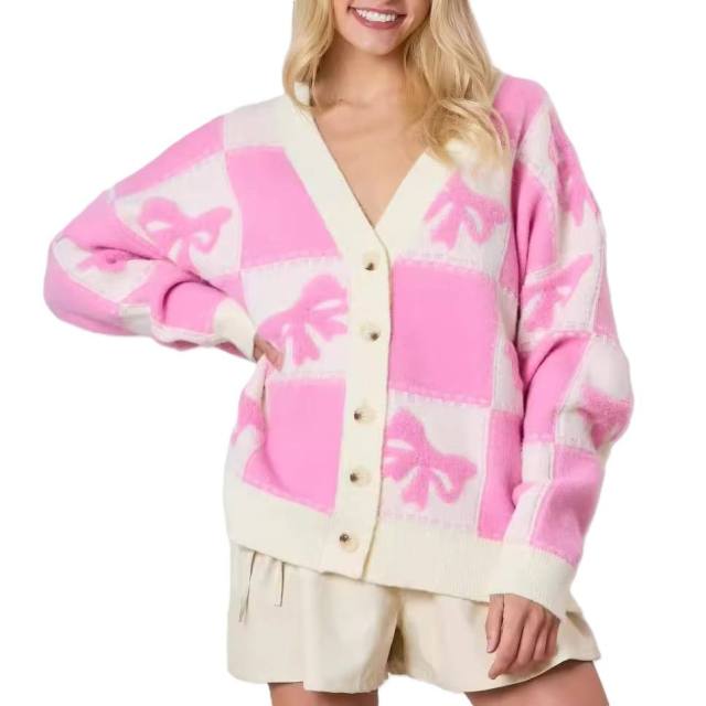 Factory Direct Women’s Oversized Pink & Ivory Checkered Bow Cardigan Sweater