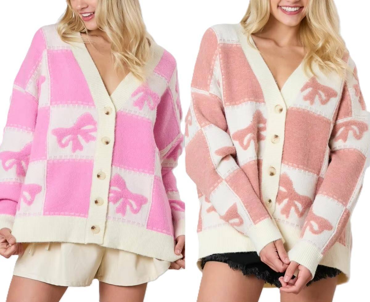 Factory Direct Women’s Oversized Pink & Ivory Checkered Bow Cardigan Sweater