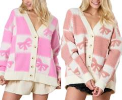 Factory Direct Women’s Oversized Pink & Ivory Checkered Bow Cardigan Sweater