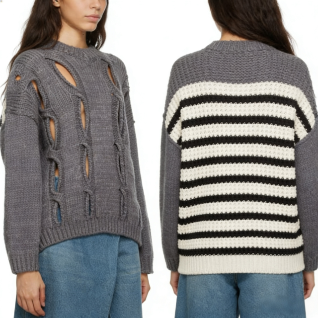 Made-to-order Women’s Grey Distressed Open-Knit Sweater