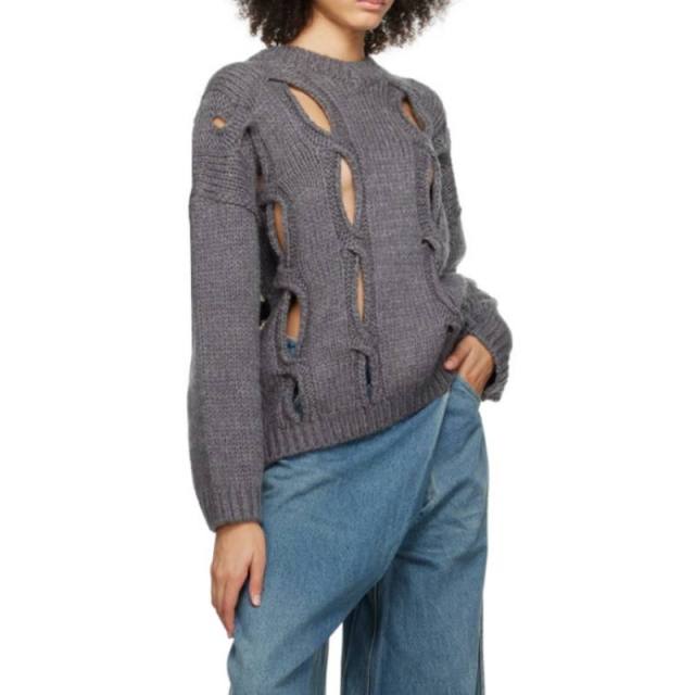 Made-to-order Women’s Grey Distressed Open-Knit Sweater