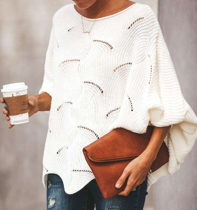 ODM OEM Women’s White Oversized Open-Knit Lantern Sleeve Sweater